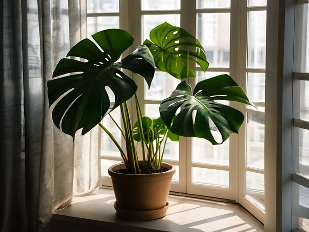 Foto gigante pianta di monstera all'interno vicino alla finestra con l'ambiente verde