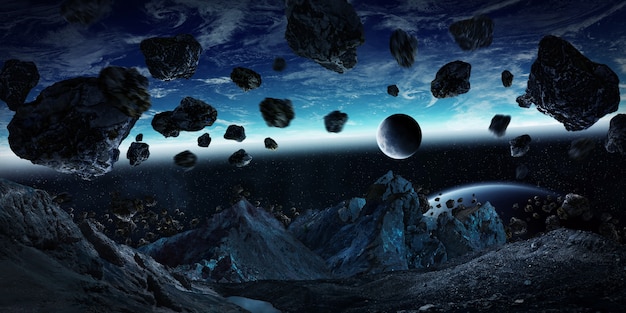 지구 3D 렌더링에 충돌하는 거대한 소행성