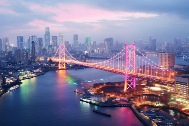 東京湾レインボーブリッジと東京タワーの景色 AI生成