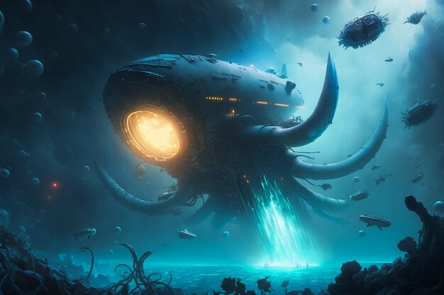 Фото Гигантская фантастическая подводная лодка с щупальцами, тонущими в глубине океана