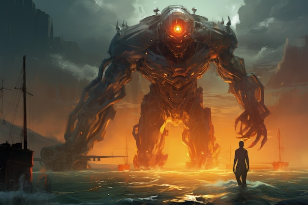 Gigantic Mechanical Robot Emerging from the Sea Generative AI