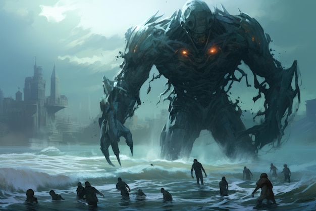 Gigantic Mechanical Robot Emerging from the Sea Generative AI