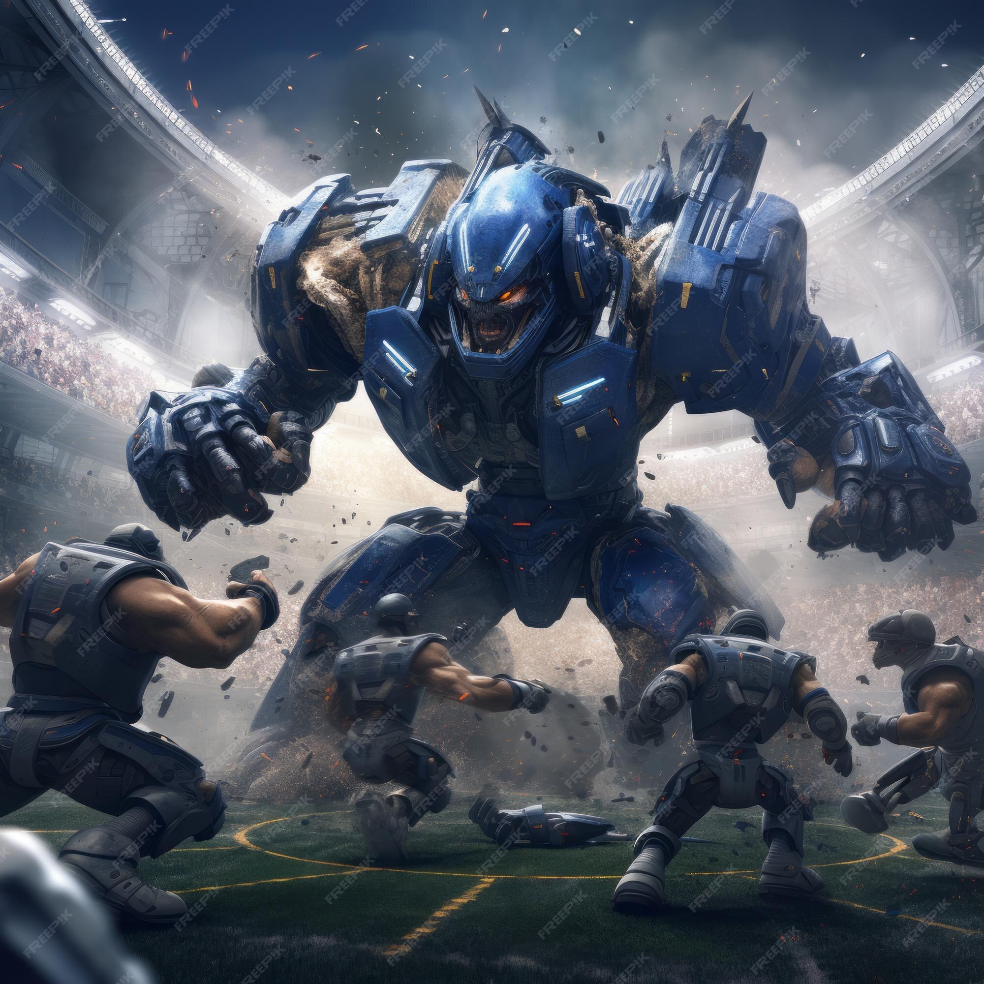Premium Photo Gigantic Robotic NFL Showdown Navy Blueclad Giants vs Robots in a Pacific Rim