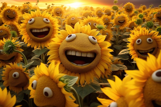 Gigantic sunflower garden with smiling suns