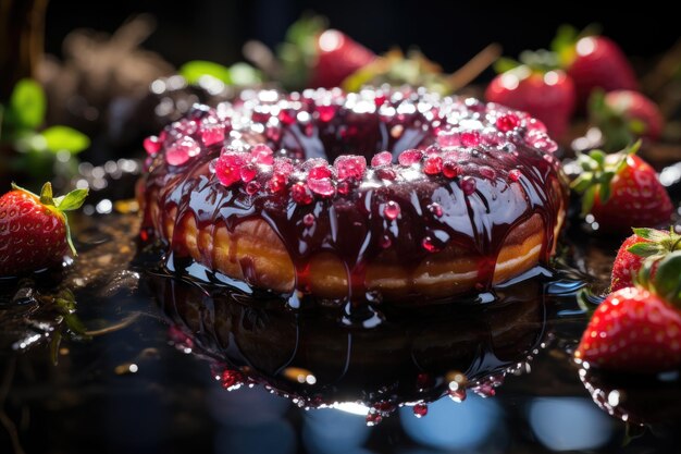 Gigantische donut omringd door aardbeien in Chocolate Lake onder de regenboog generatieve IA