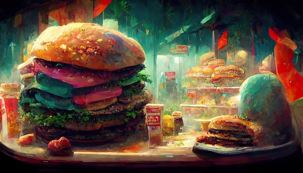 Gigantische hamburger diner concept art digitaal schilderen