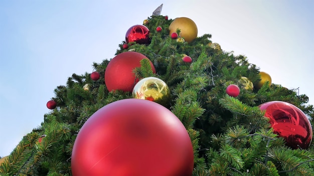 Gigantische kerstboom met rode en gouden decoratieve ballen bekeken vanaf de onderkant