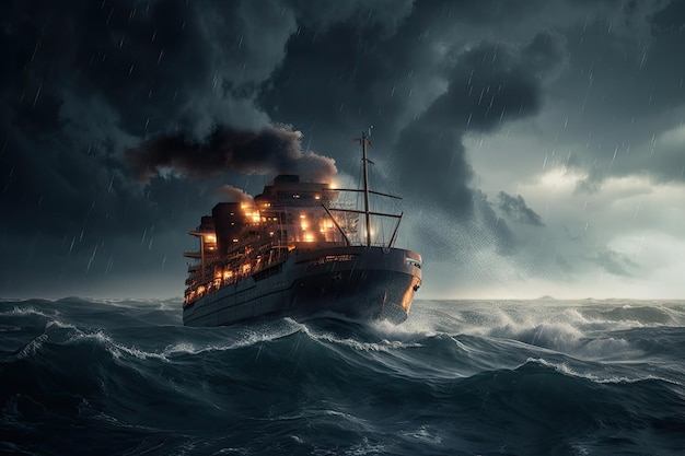 Gigantische storm met bliksemschichten door de lucht en golven die tegen het schip slaan