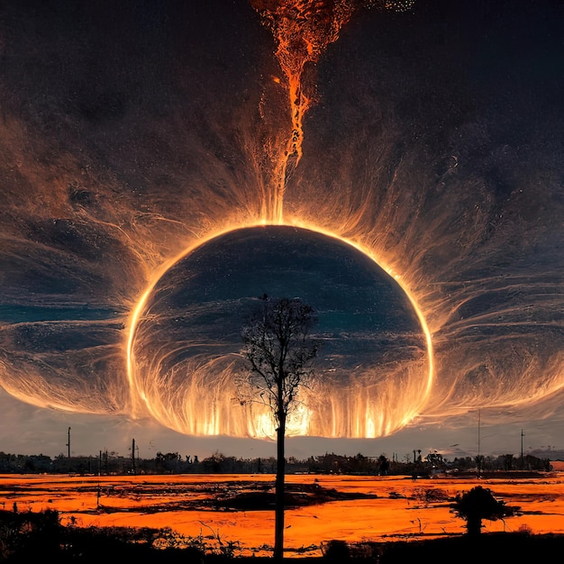 gigantische zon en Saturnus aan de hemel, gloeiende elektrische plasmastormen