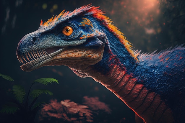 生成 AI による緑豊かな先史時代の自然の中のギガントラプトルのカラフルな危険な恐竜