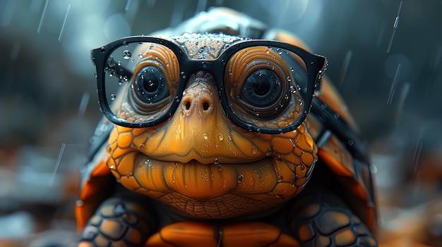 A giggly cartoon turtle wearing oval glasses its slow and steady demeanor contrasted with an ador