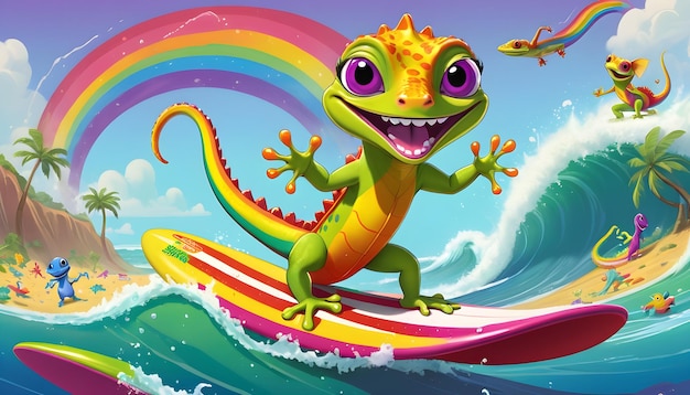 虹の波でサーフィンをしているスノーケルと羽根を持つ笑顔の爬虫類