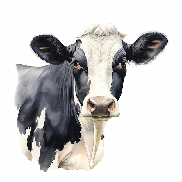 Photo a gigital watercolour of a holsteinfresian black and white dairy cow on a white background