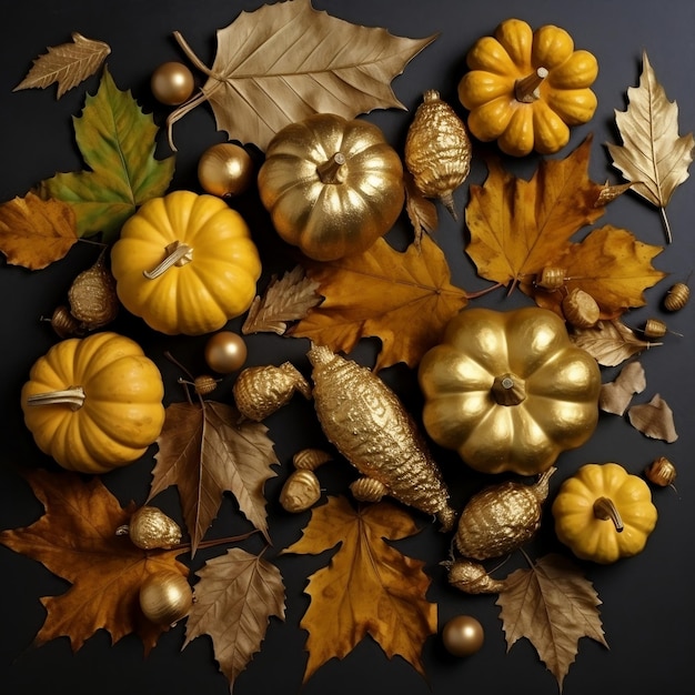 Gilded autumn treasures golden painted leaves pumpkins and acorns AI