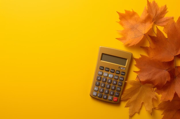 Gilded autumn a vibrant blend of text leaves and calculator in golden frame on yellow background