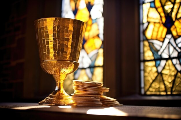 Gilded chalice and wafers in front of a church window