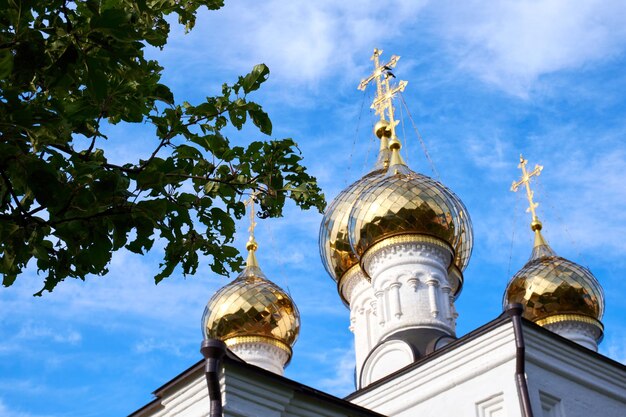 写真 天空を背景にしたロシア正教会の金色のドーム