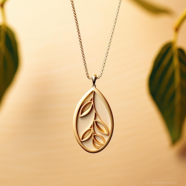 Gilded Elegance LeafPatterned Oval Teardrop Pendant on a ChampagneGold Background