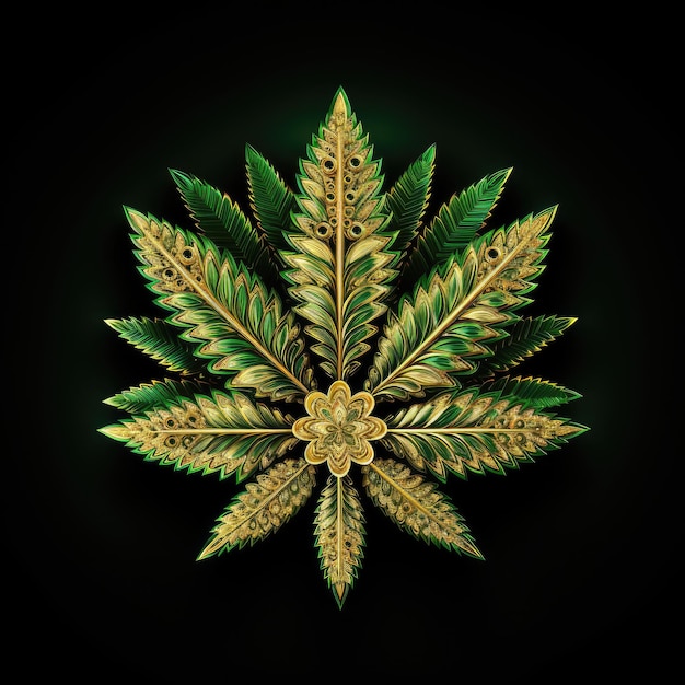 Gilded Elegance A Majestic Fusion of Gold and Green Cannabis Leaf against a Noir Canvas