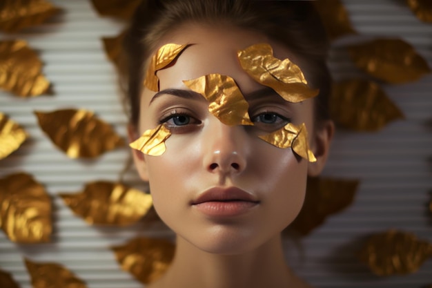 Photo gilded enigma unveiling the woman in white sleeveless shirt with gold brown leaf halo