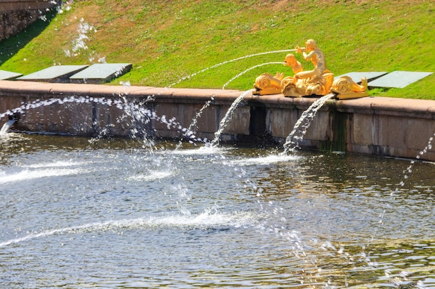 Gilded fountain in Lower park of Peterhof in St Petersburg Russia