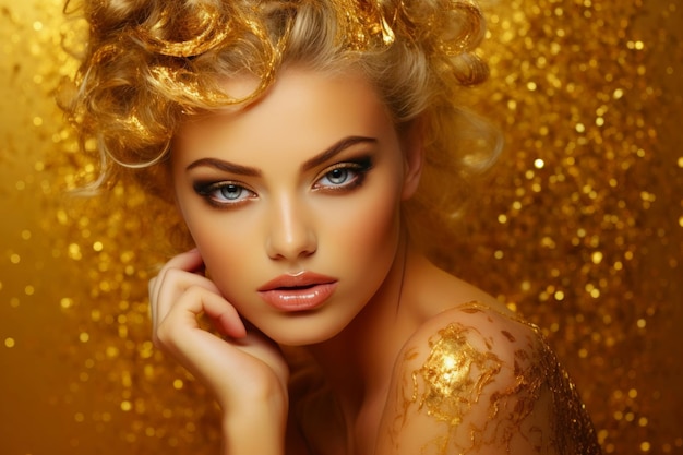 Foto glamour dorato donna incantevole posa su un letto d'oro