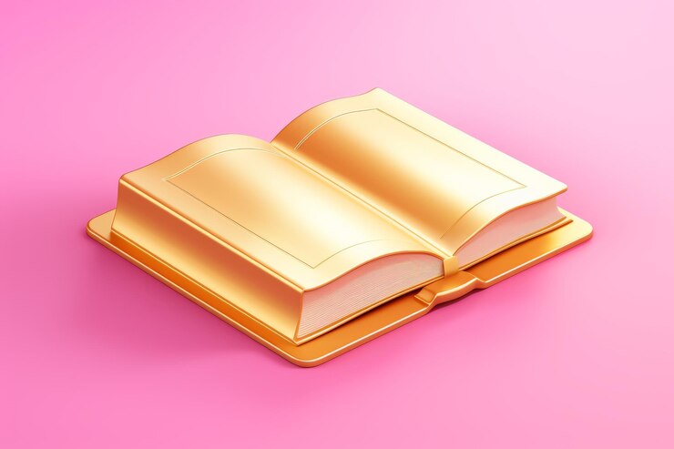 Gilded Knowledge Unveiled A Captivating 3D Illustration of a Golden Open Book Icon on a Vibrant Pin
