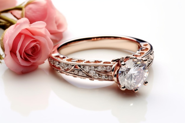 Gilded Love Een ring die met een roos danst op een wit of helder oppervlak PNG Transparante achtergrond
