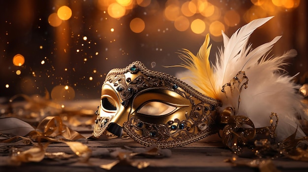 照らされた背景に羽を持つ金色の仮面舞踏会カーニバル マスク