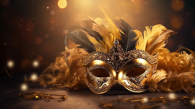 Gilded Masquerade Carnival Mask with Feather on Illuminated Background