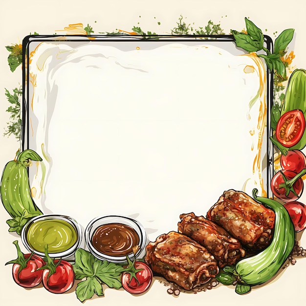 Gilded Metal Frame With Chicken Shawarma Pickles and Garlic watercolor Nowruz Iran Festival Frame