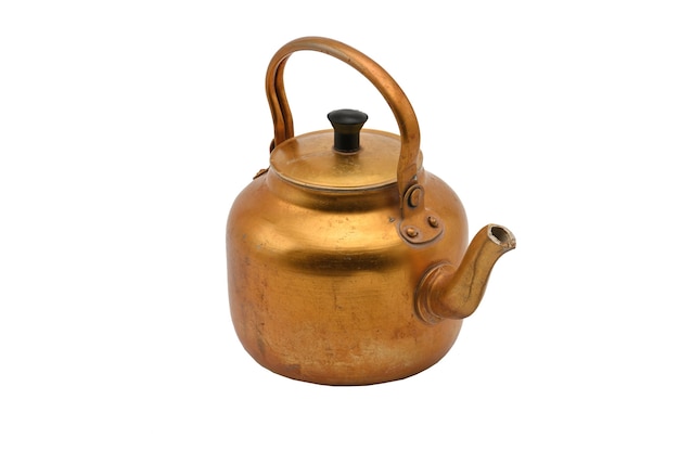 Gilded metal kettle isolated.Golden teapot