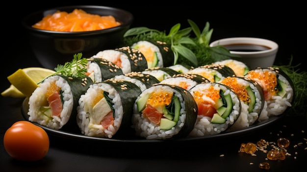 Photo gimbap preparing rice roll with seafood