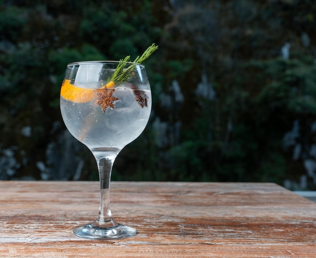 Gin tonic cocktail in a glass cup.