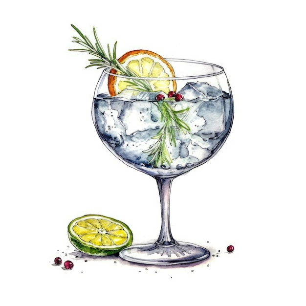 Foto gin and tonic cocktail isolato su bianco disegnato con acquerello ai generativo