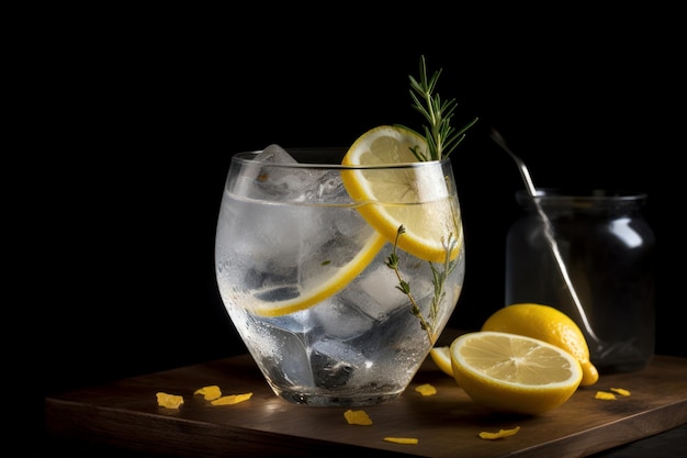 Photo gin tonic cocktail with lemon and rosemary summer refreshment cold tropical alcoholic beverage generate ai