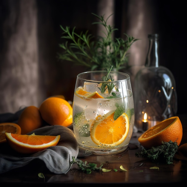 Gin and Tonic cocktail with orange and thyme