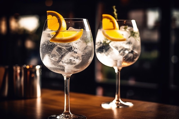 gin tonic cocktails in glasses on the bar counter