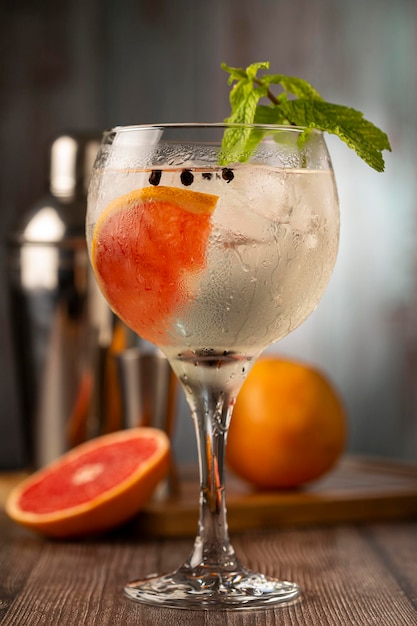 Gin Tonic garnished with grapefruit and mint