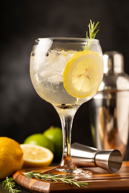 Gin Tonic garnished with lemon and rosemary