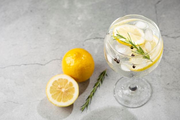 Gin Tonic garnished with lemon and rosemary