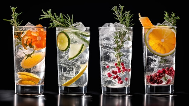 Gin tonic long drink as a classic cocktail in various forms with garnish in individual glasses such as orange lemon grapefruit cucumber or berries Generative Ai