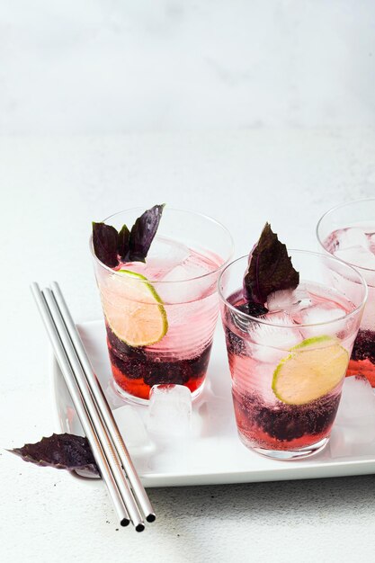 Gin tonic met bramen en blaadjes paarse basilicum zomer verfrissende cocktail