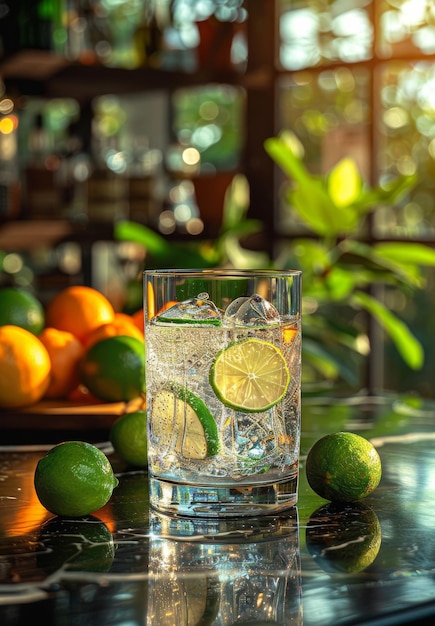 Gin and tonic with lime and orange on the bar counter