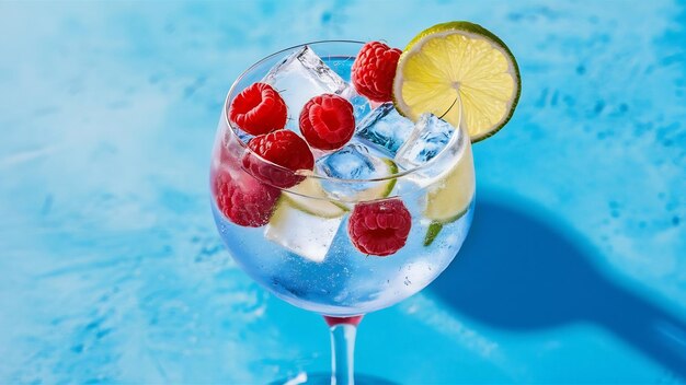 Gin tonic with raspberries and lime on blue background