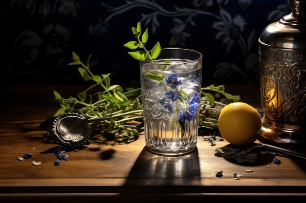 Gin and tonic on a wooden table on the dark side