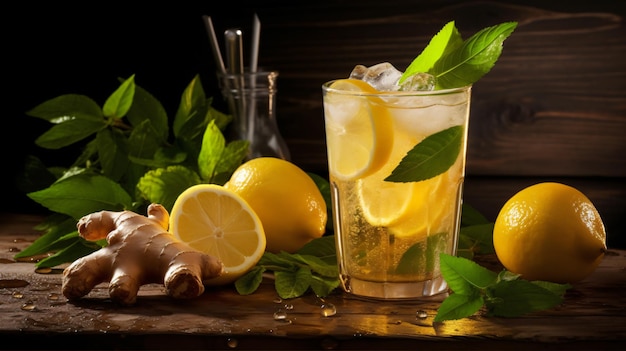 Ginger ale with ice and lemon