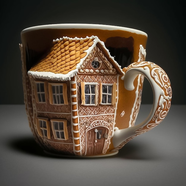 A ginger bread house in a coffee cup AI Generated