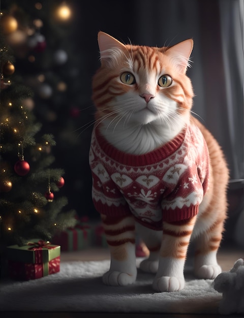 Ginger cat in Christmas pullover Generative AI