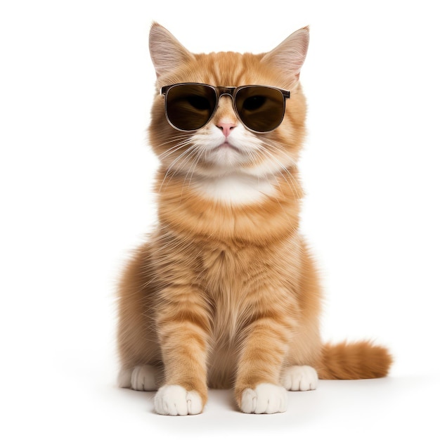 Ginger Cat geïsoleerd dragen van een zonnebril en zittend geïsoleerd op een witte achtergrond